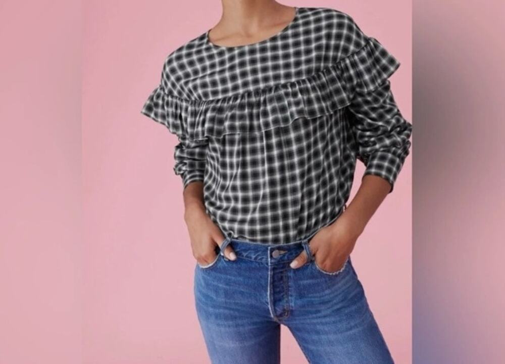 La Vie Sz M Rebecca Taylor Plaid Ruffle Blouse Black White Long Sleeve